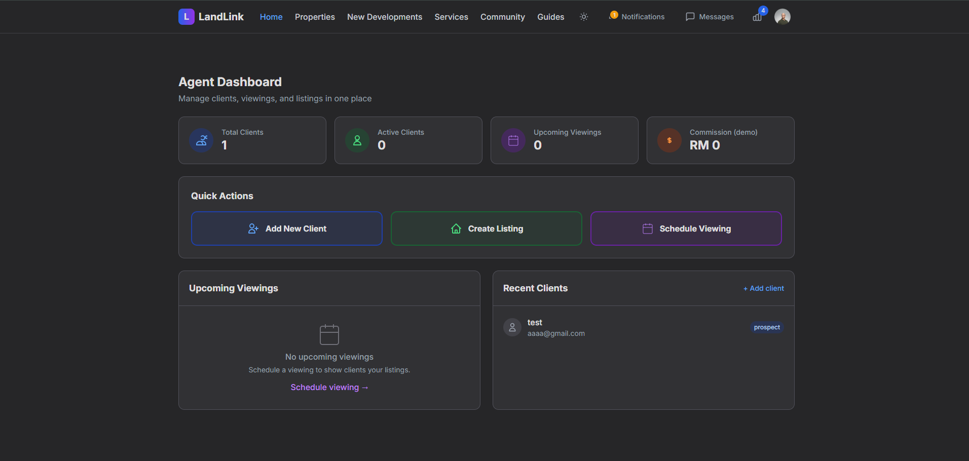 LandLink agent role dashboard