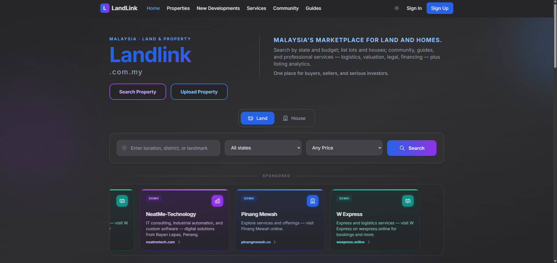 LandLink public homepage