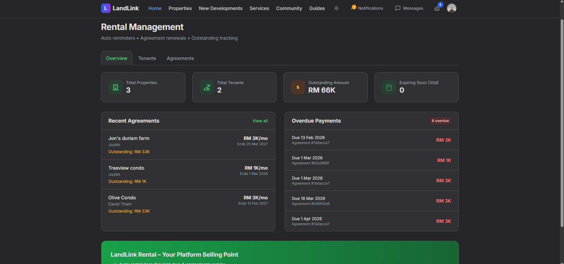 LandLink rental management screen