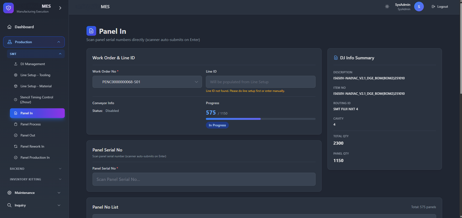 MES panel-in execution screen