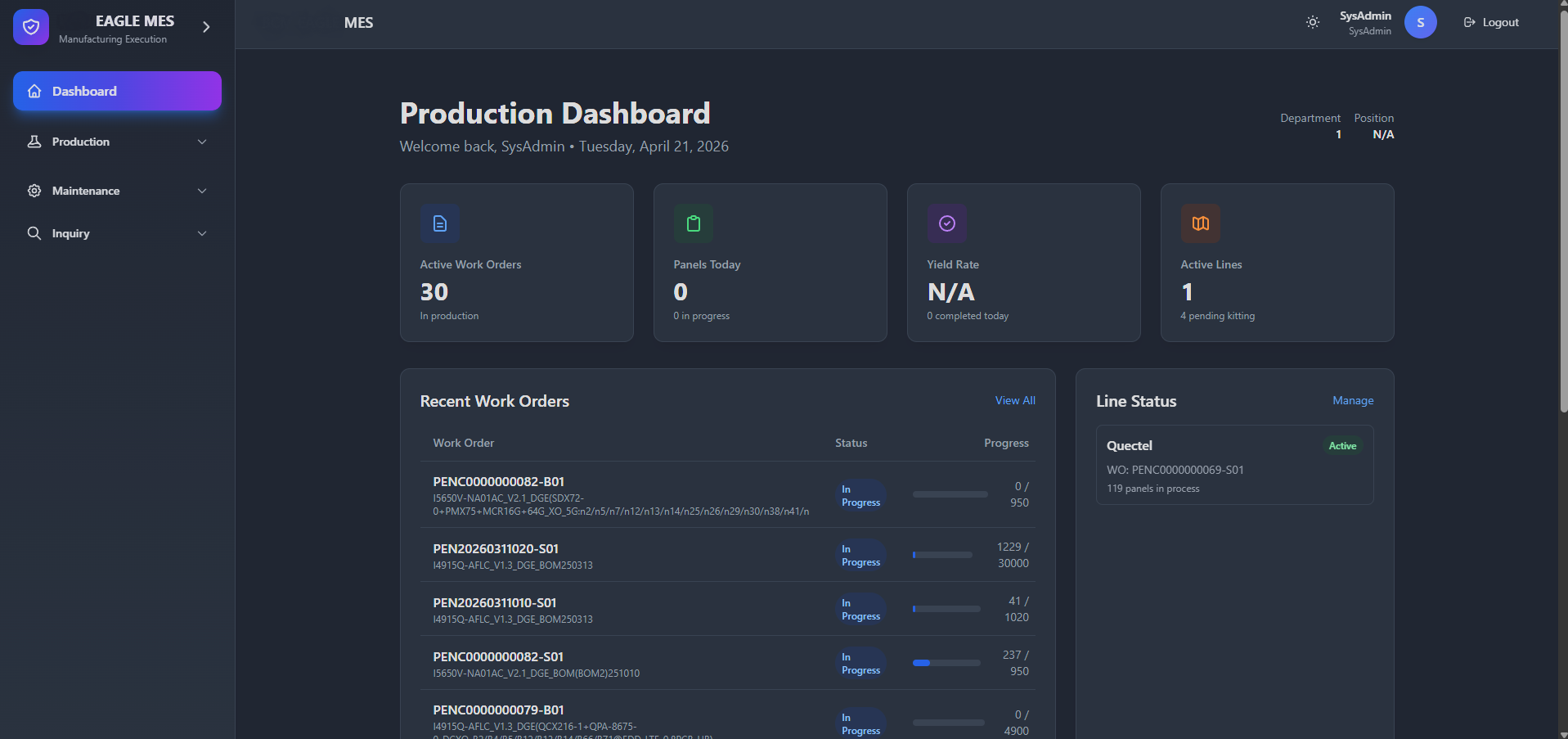 MES production dashboard screen